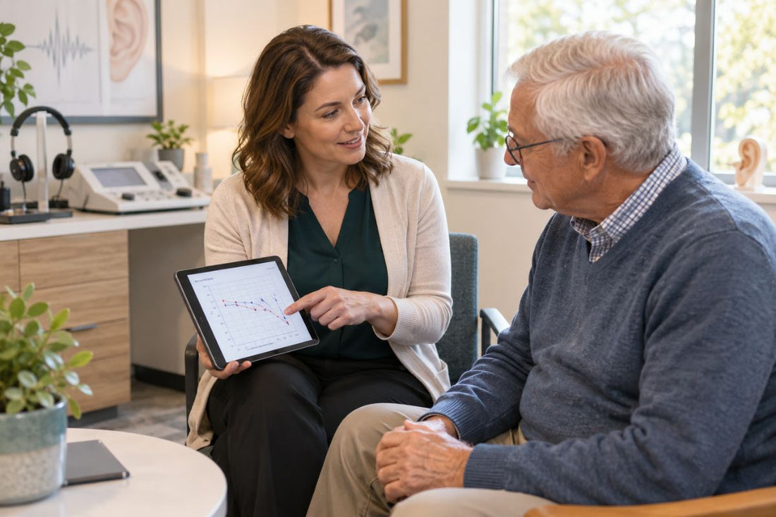 Hearing care professional explaining hearing-test results to an older patient at Hear & Now Clinics.