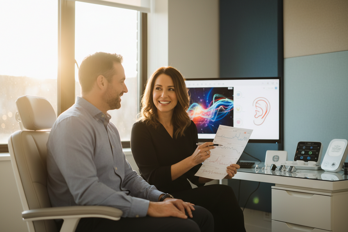 Hearing specialist reviewing hearing test results with a patient at a Central Florida hearing clinic